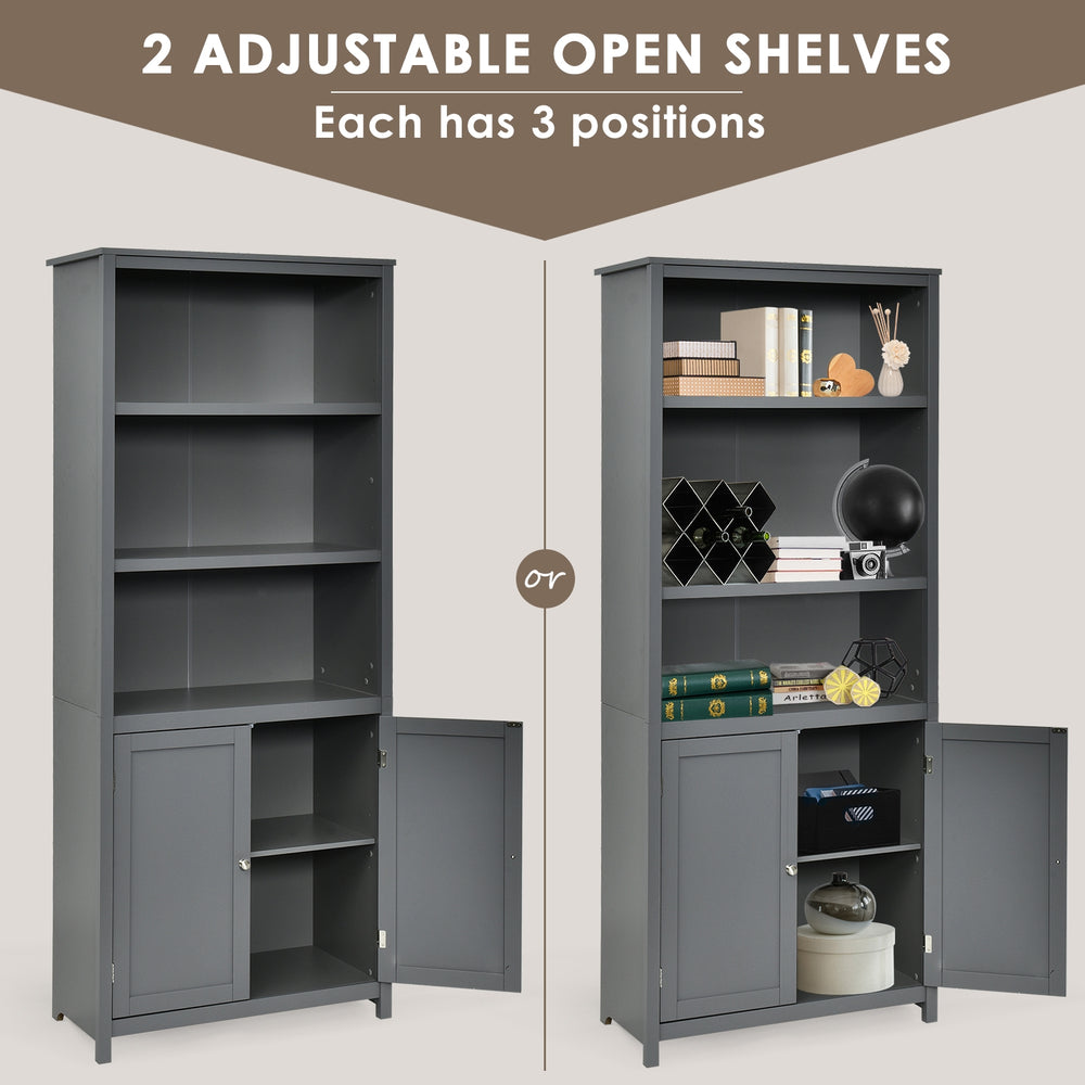 Gray bookcase shelving unit with adjustable open shelves and bottom cabinet, ideal for organizing books and decor.