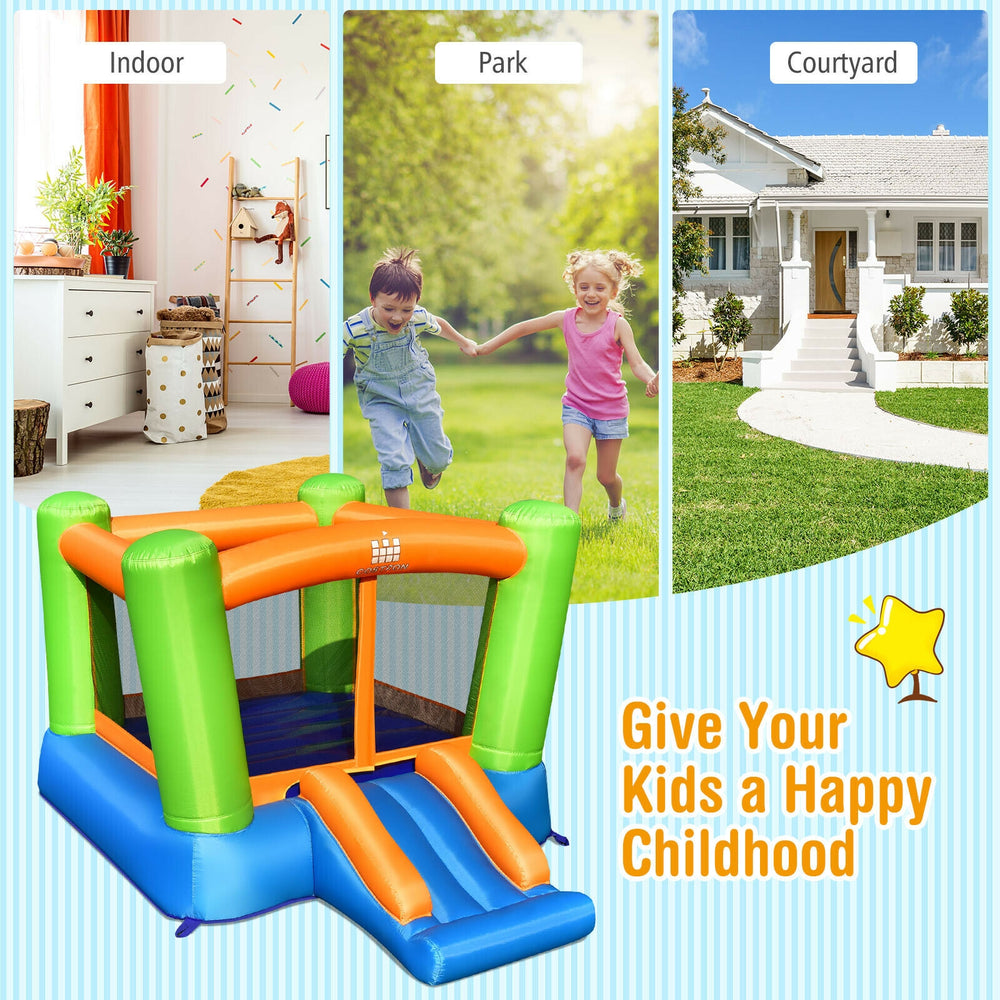 Kids inflatable bounce house with a large jumping area and slide, perfect for outdoor parks and backyard play.