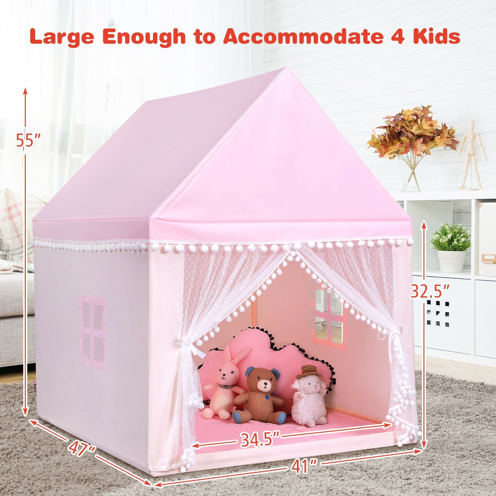 Large pink kids play tent with solid wood frame, soft mat, and decorative doors for indoor and outdoor fun.