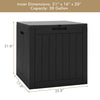 Black 30-gallon deck box with woodgrain surface, lockable lid, and recessed handles for outdoor storage and seating.