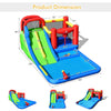 Product dimension chart for inflatable water slide showcasing climbing wall, slide, and ball pit design for kids' play.
