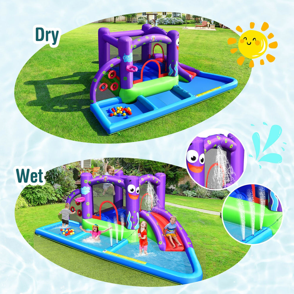 Inflatable water slide park with splash pool, featuring octopus design, for backyard fun with up to 5 kids aged 3-10.