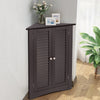 Corner bathroom storage cabinet in brown with shutter doors, showcasing its elegant design and spacious interior for.