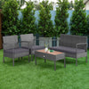 4-piece rattan patio conversation set with acacia wood tabletop, featuring two single sofas and a loveseat for outdoor.