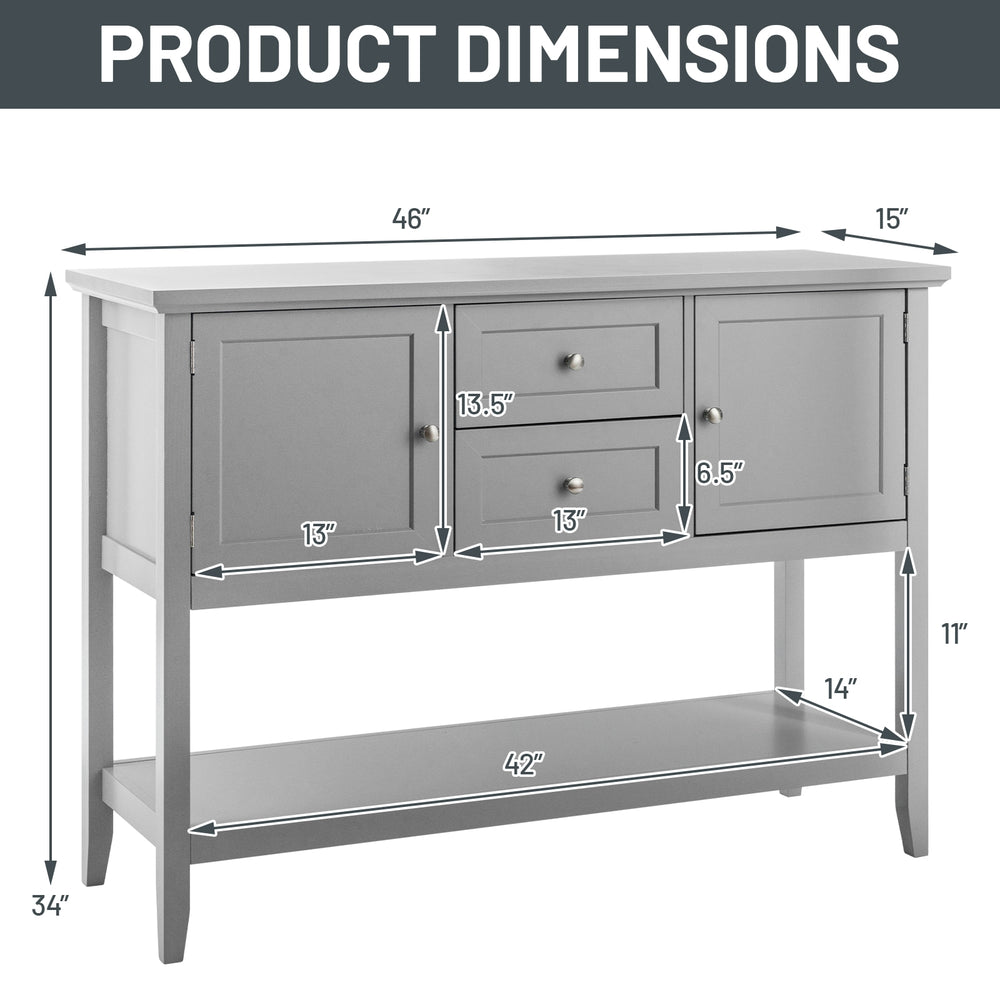Gray wooden sideboard buffet console table with 2 drawers and 2 cabinets, featuring product dimensions for easy.