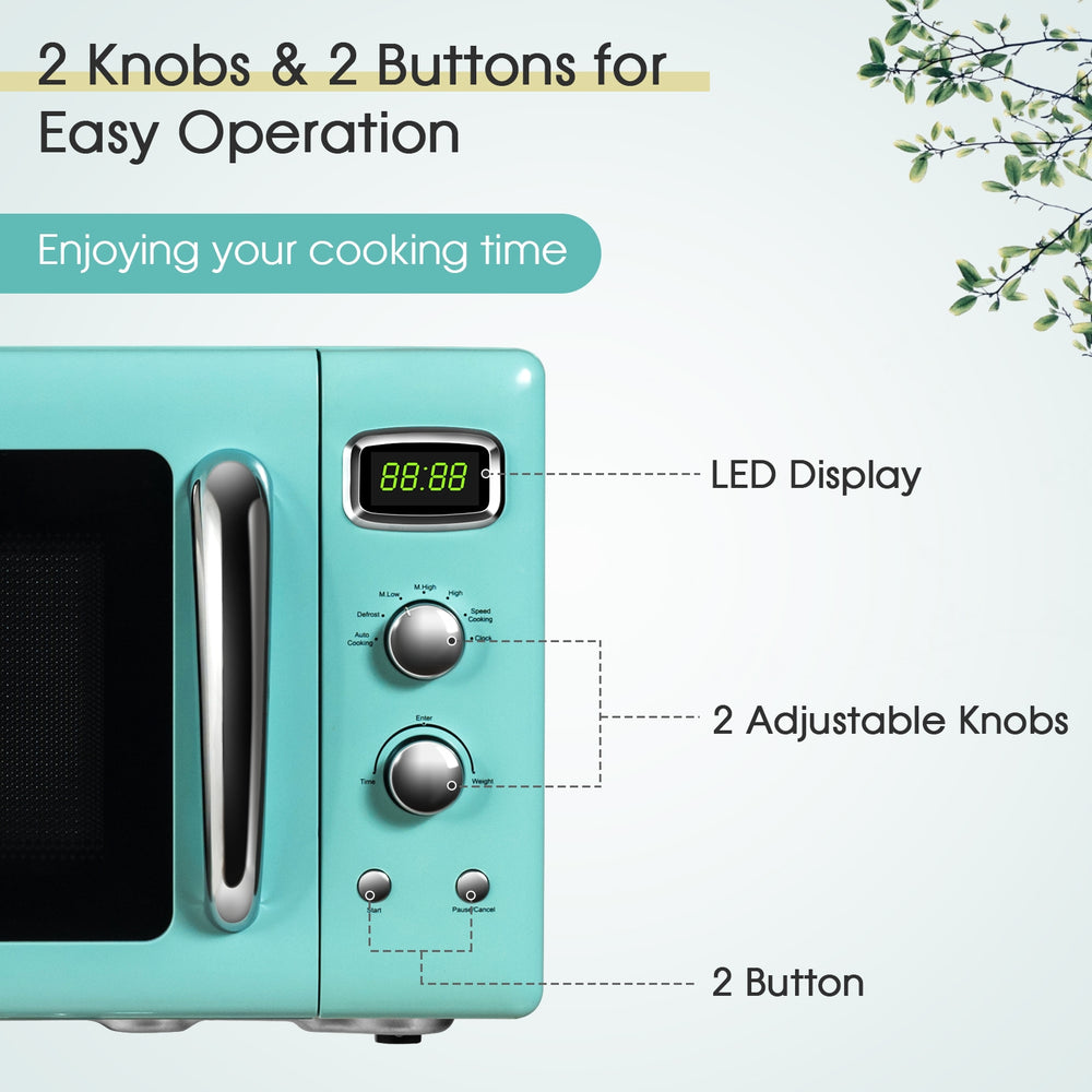 Compact green retro microwave oven with LED display, two adjustable knobs, and two buttons for easy operation.