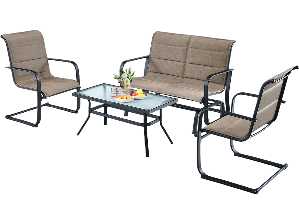 4-piece outdoor patio furniture set featuring a padded glider loveseat and coffee table in brown for cozy relaxation.