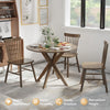 Round wood dining table with intersecting pedestal base, sturdy design, and vintage style for home or office use.