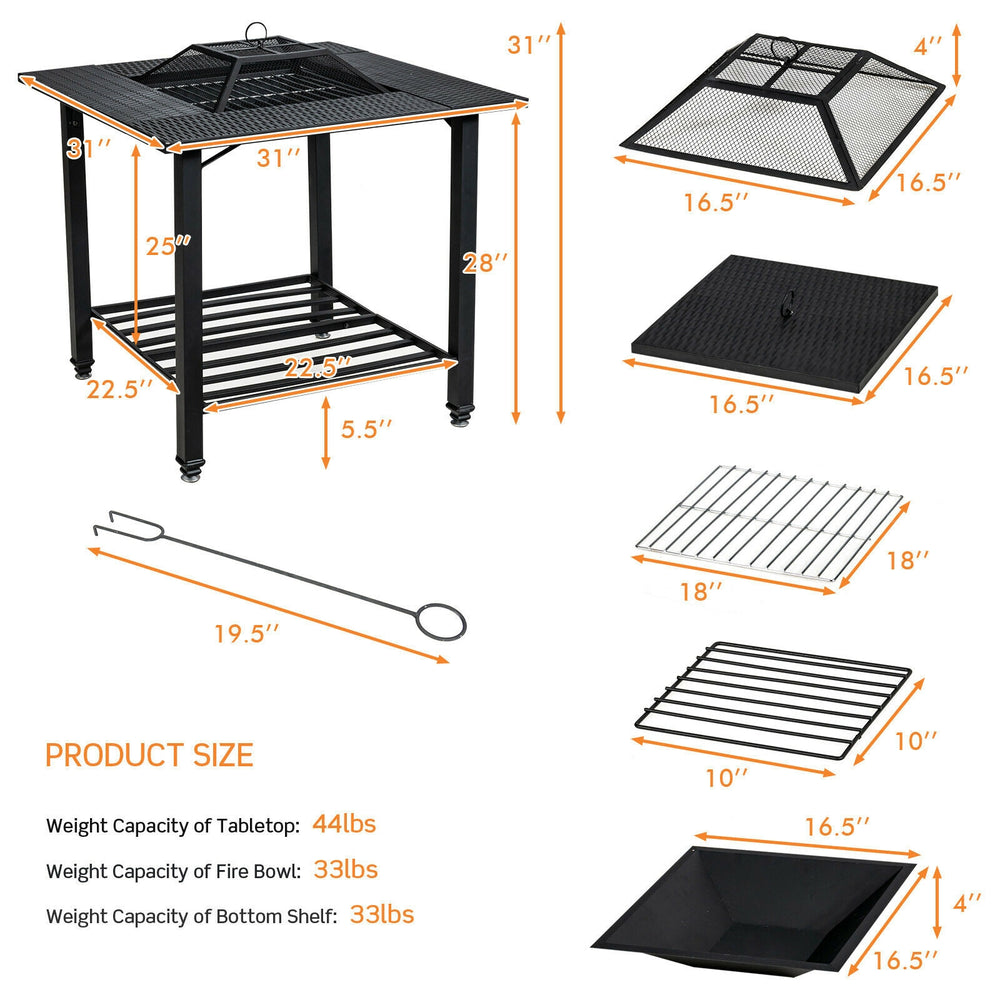 Square 31-inch fire pit dining table dimensions with cooking grate, sturdy construction, perfect for outdoor leisure.