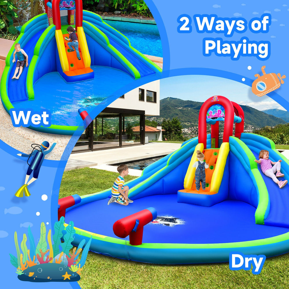 Inflatable waterslide bounce house with dual slides, climbing wall, and splash pool for wet and dry play.