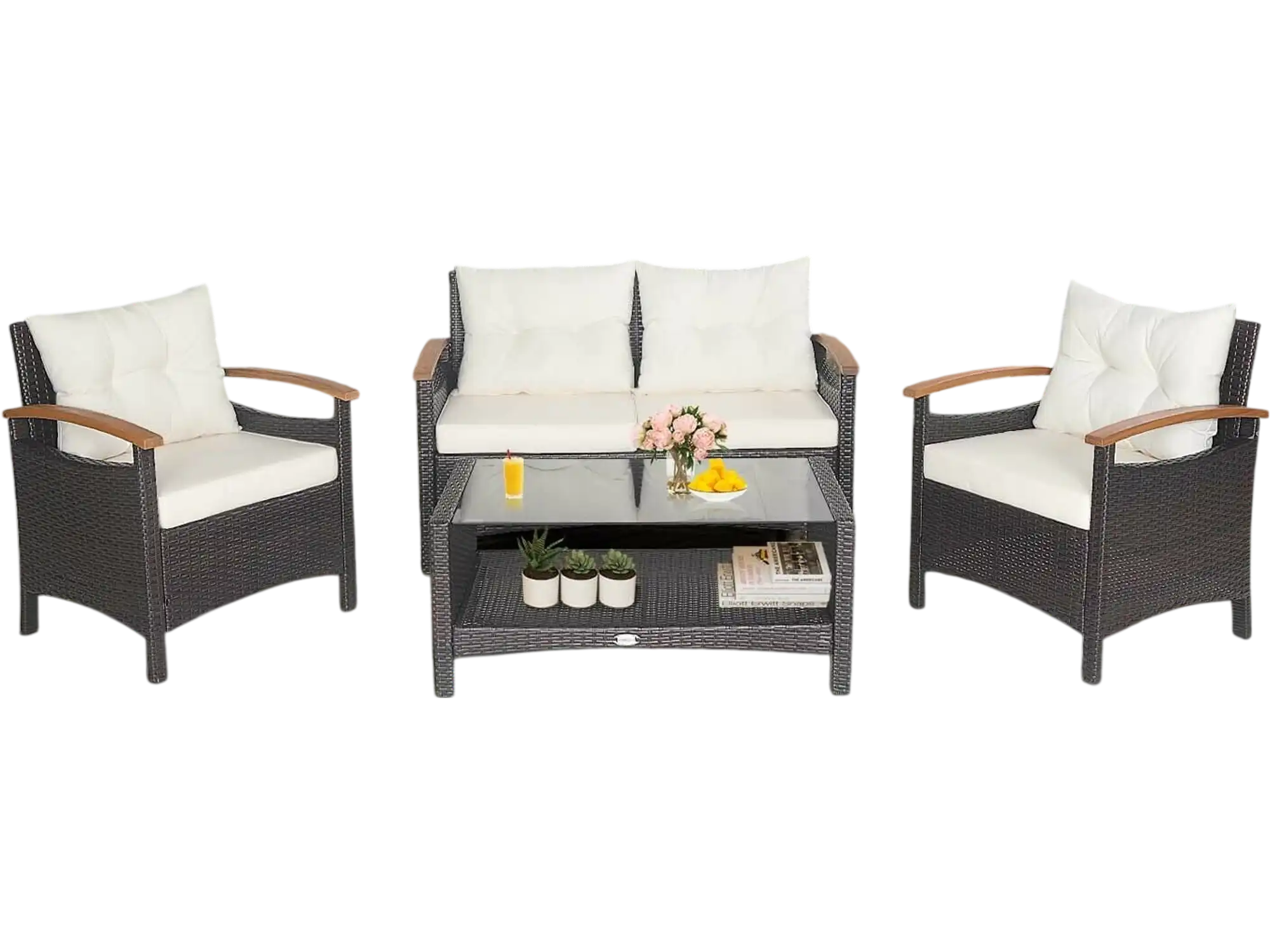 Costway 4-Piece Patio Rattan Furniture Set Cushioned Sofa Storage Table White 17082396 New