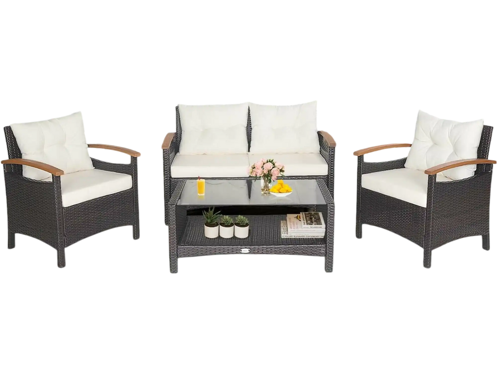 Single chair from a 4-piece patio rattan furniture set with soft cushions and acacia wood armrests, perfect for outdoor.