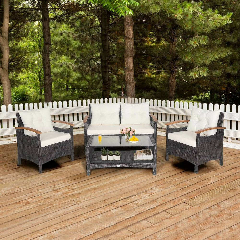4 Pieces Patio Rattan Furniture Set with Cushioned Sofa and Storage Table-White - Gallery View 1 of 11