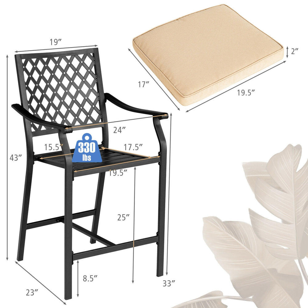 Patio bar stool with armrests and height cushion, 43" tall, sturdy steel frame, ideal for poolside and backyard use.