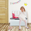 Kids' wooden activity table and chairs set with storage bench, perfect for playtime and organizing in gray.