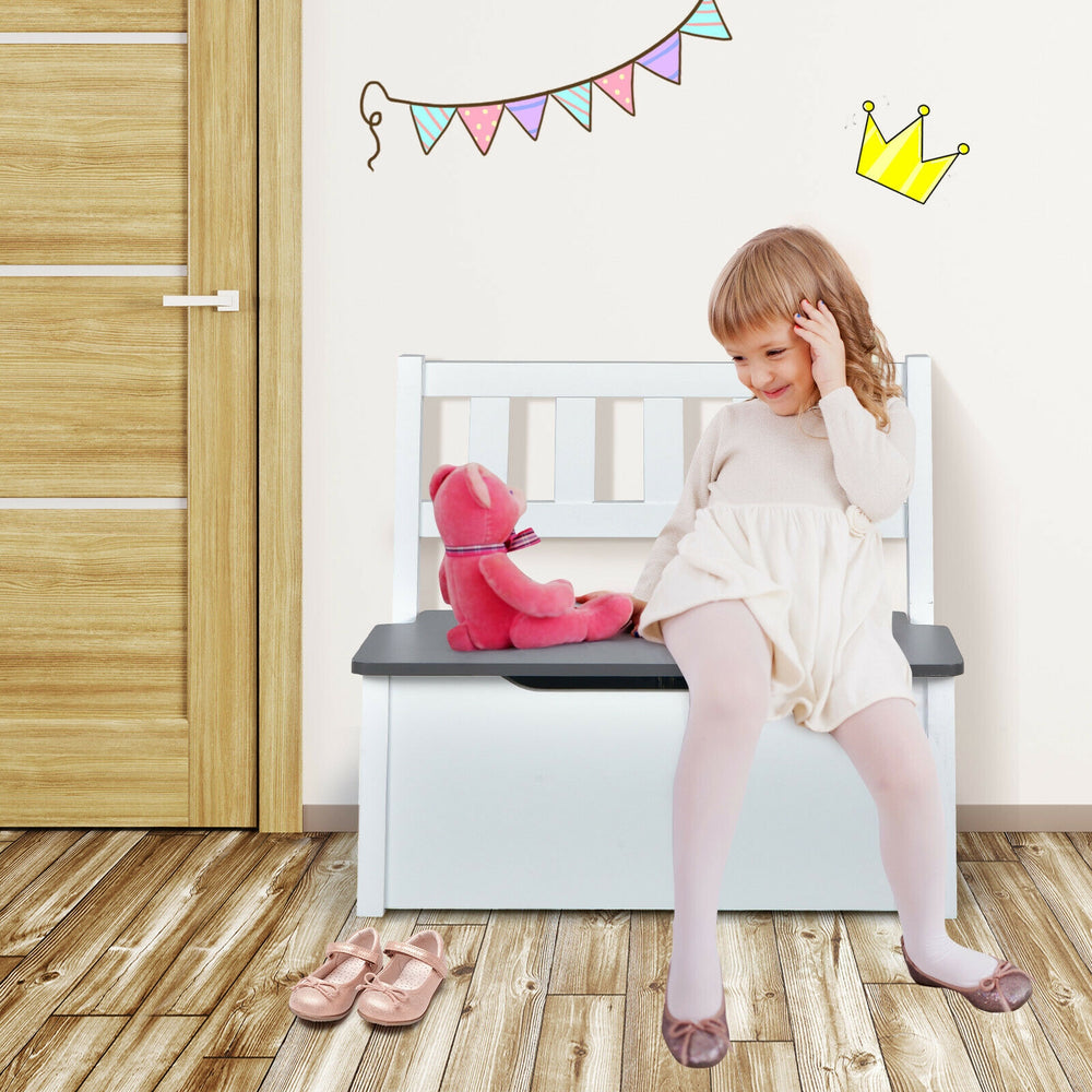 Kids' wooden activity table and chairs set with storage bench, perfect for playtime and organizing in gray.
