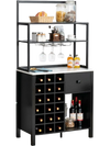 Black kitchen baker's rack featuring a drawer and 3-tier shelf, perfect as a microwave stand or display shelving unit.