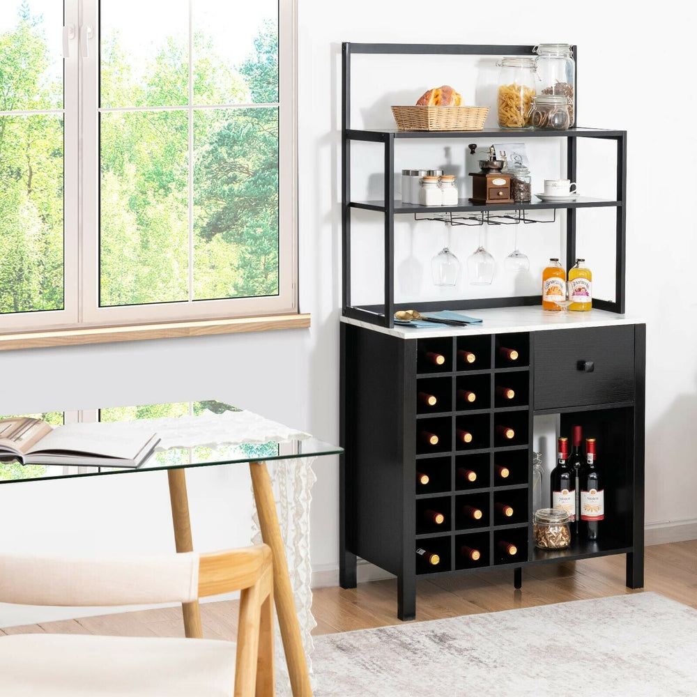 Kitchen Bakers Rack Freestanding Wine Rack Table with Glass Holder and Drawer-Black - Gallery View 1 of 9