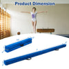 Folding 7-foot blue balance beam with handles, featuring a wood core and foam top for safe gymnastic training.