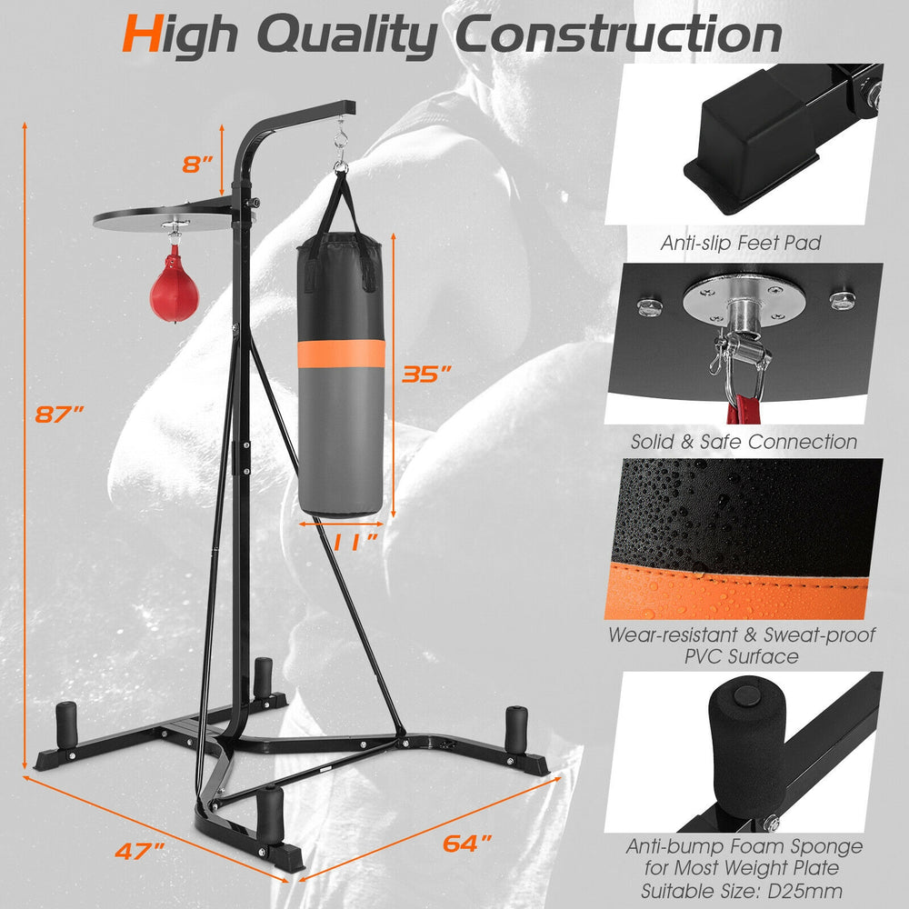 Heavy duty boxing punching stand with adjustable speed bag and multi-layer heavy bag, ideal for home gym strength.