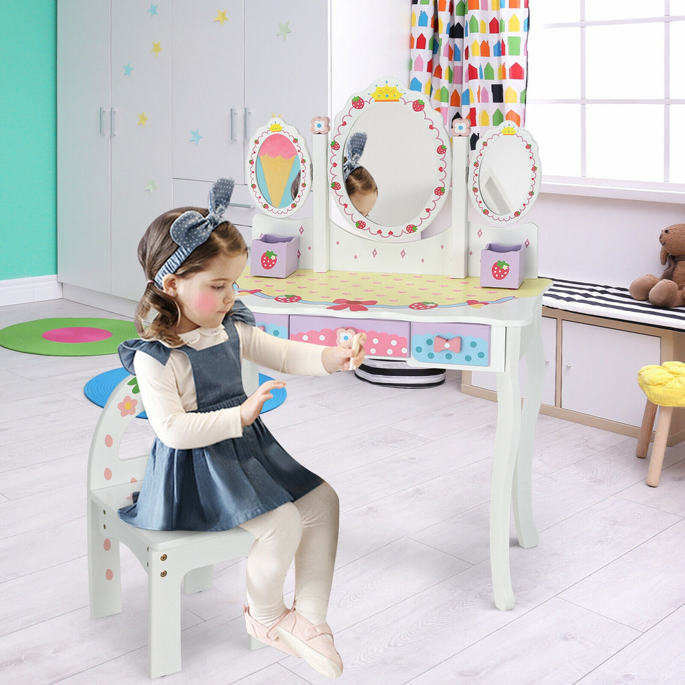 Kids vanity dressing table set with tri-fold mirror and chair, made of durable MDF, perfect for makeup and study.