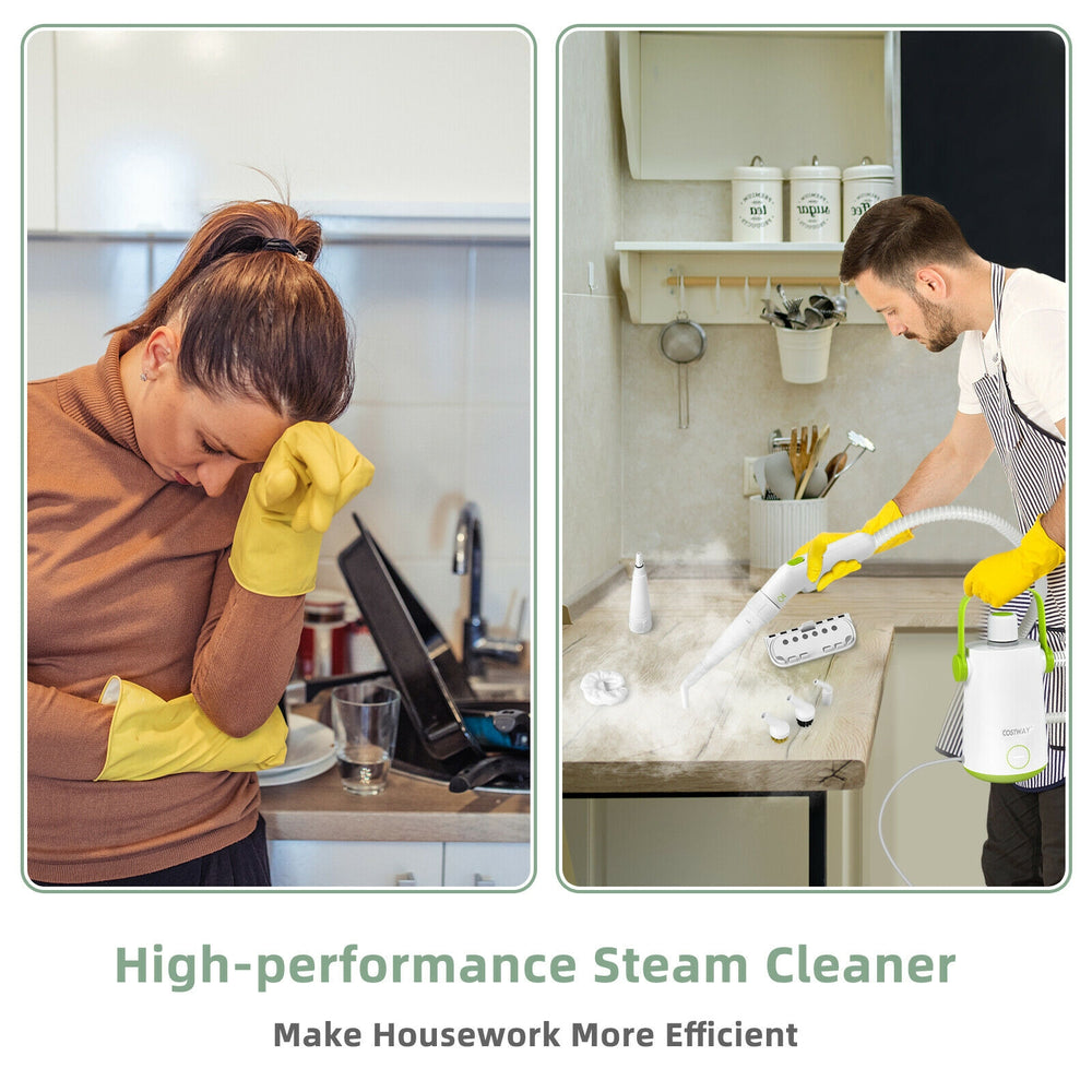 Portable 1000W steam cleaner with accessories, ideal for efficient cleaning of various surfaces and hard-to-reach areas.