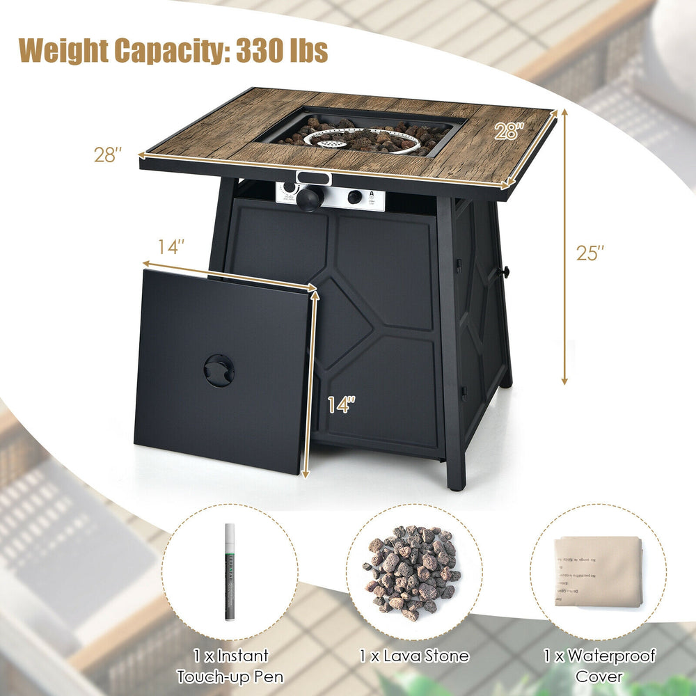 28-inch propane gas fire pit table with stainless steel burner, lava stone, and waterproof cover for outdoor gatherings.