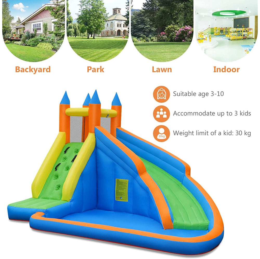 Kids inflatable water slide with climbing wall and splash pool, made of puncture-resistant Oxford material for outdoor.