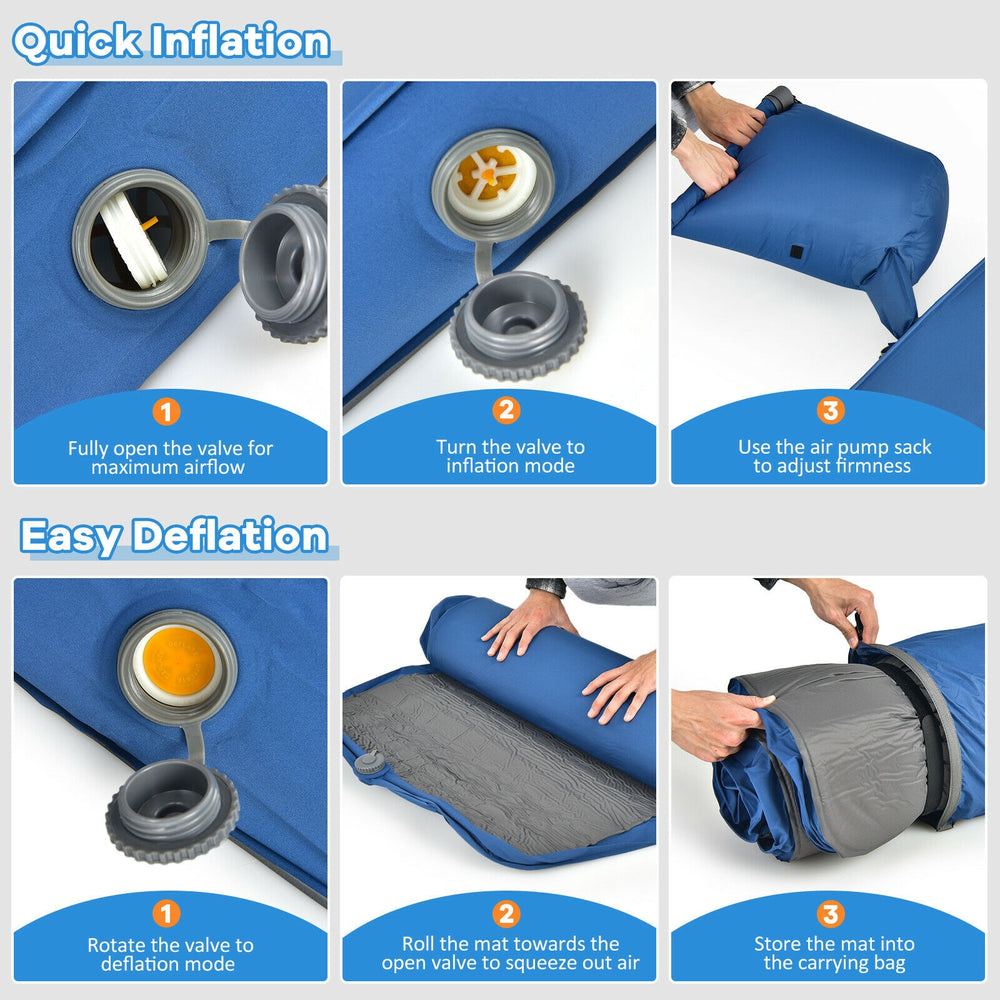 Self-inflating blue camping sleeping mattress with carry bag, featuring waterproof TPU and sponge padding for comfort.
