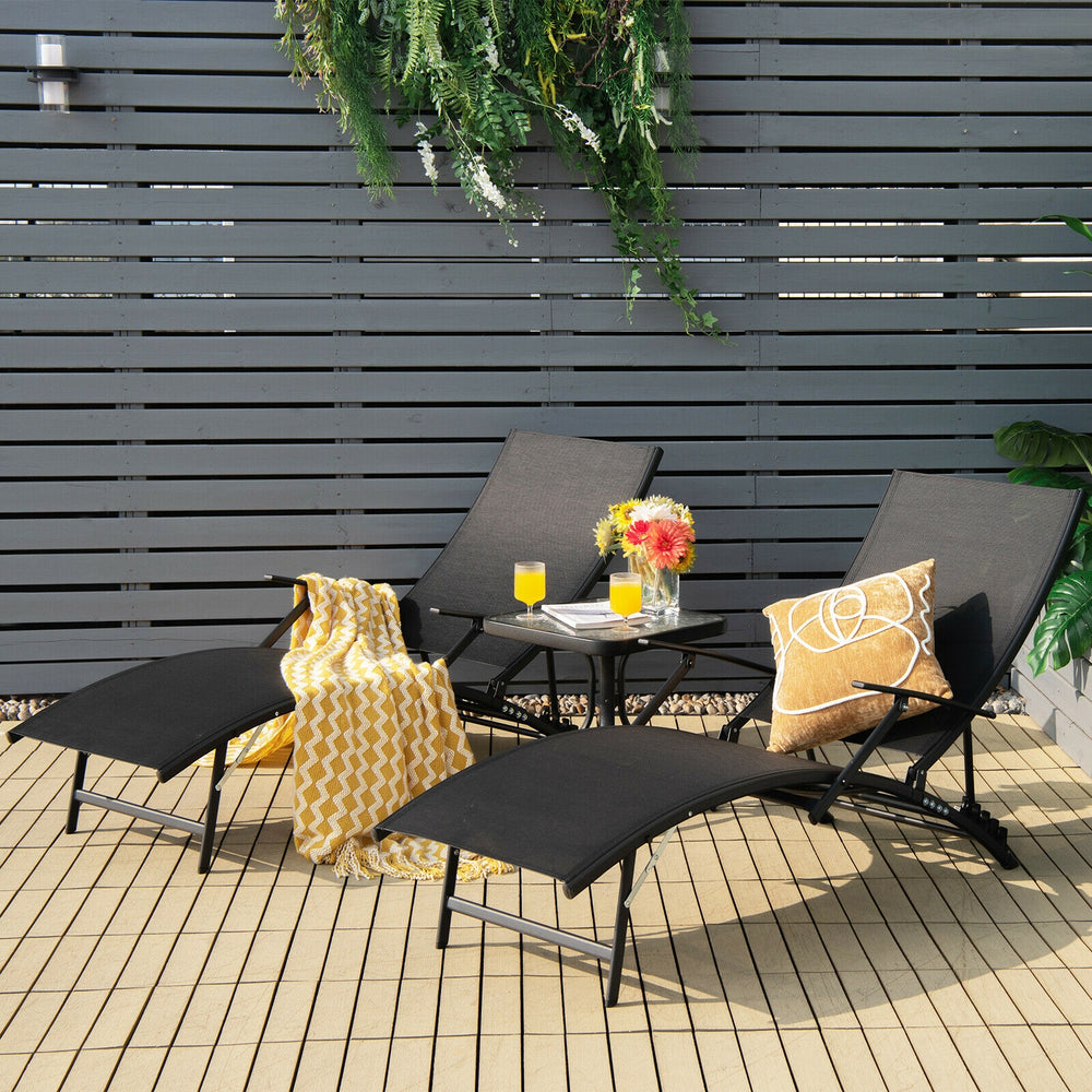 Black folding stackable chaise lounge chairs with armrests, featuring a 5-position adjustable backrest for outdoor.