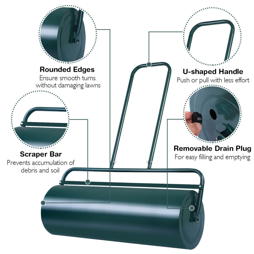 24 x 13 inch green lawn roller with U-shaped handle, scraper bar, and removable drain plug for easy use and storage.