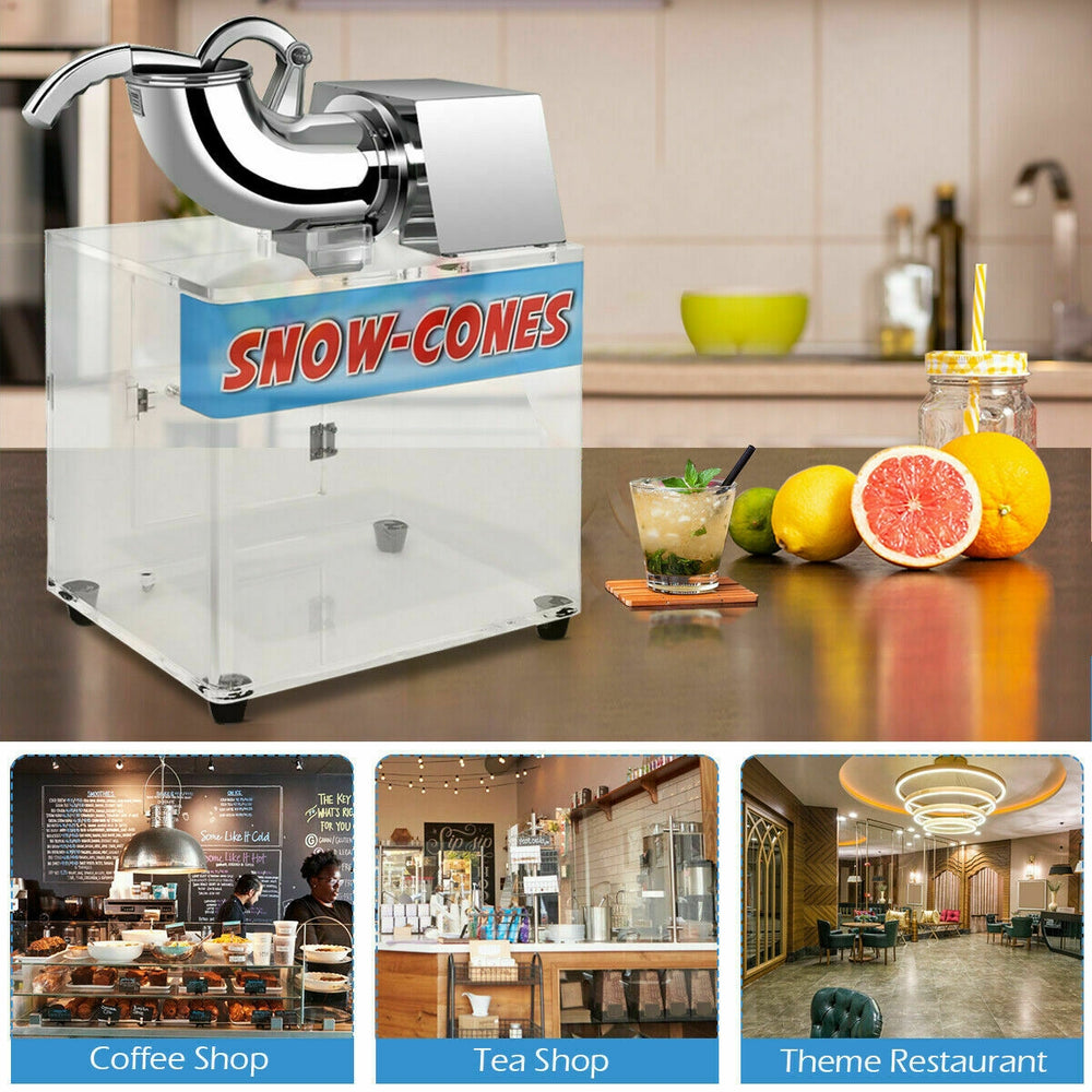 Electric snow cone machine with stainless steel construction and acrylic housing, ideal for parties and restaurants.