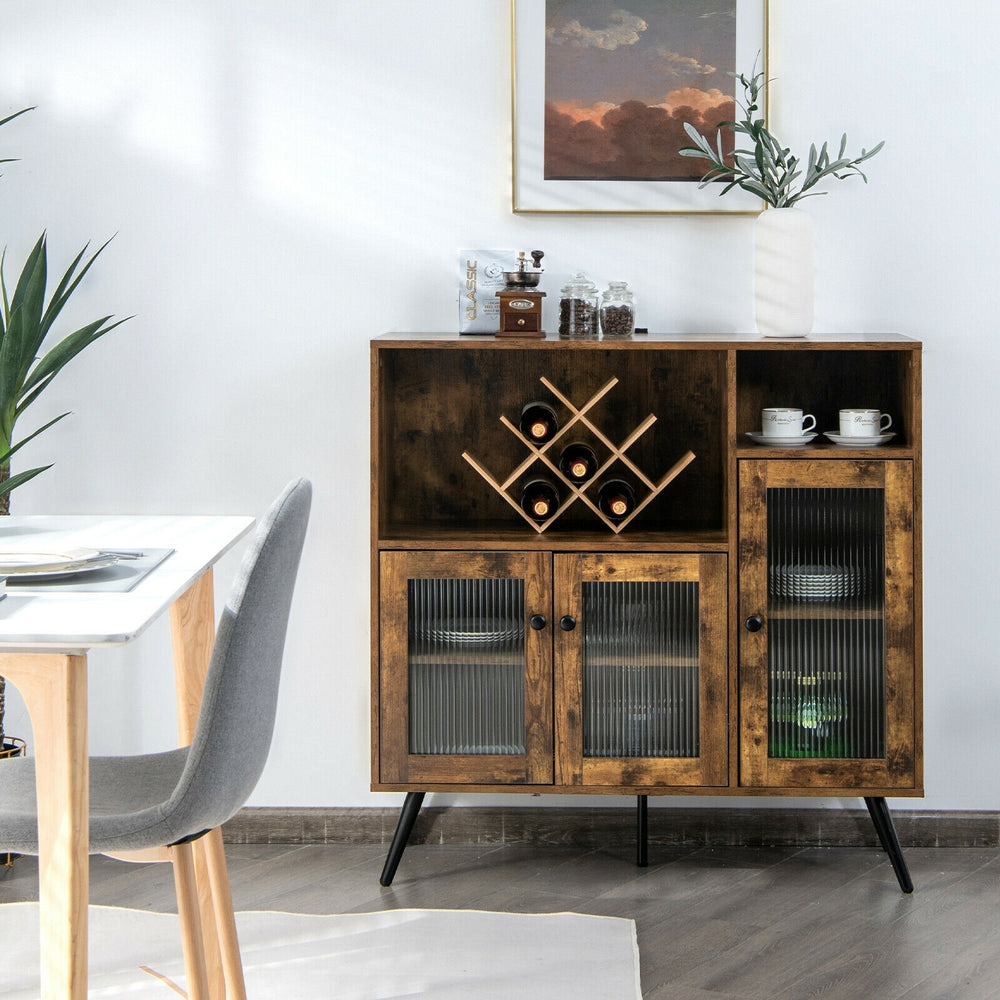 Rustic brown buffet storage cupboard with glass doors, adjustable shelves, and industrial style for kitchen or dining.