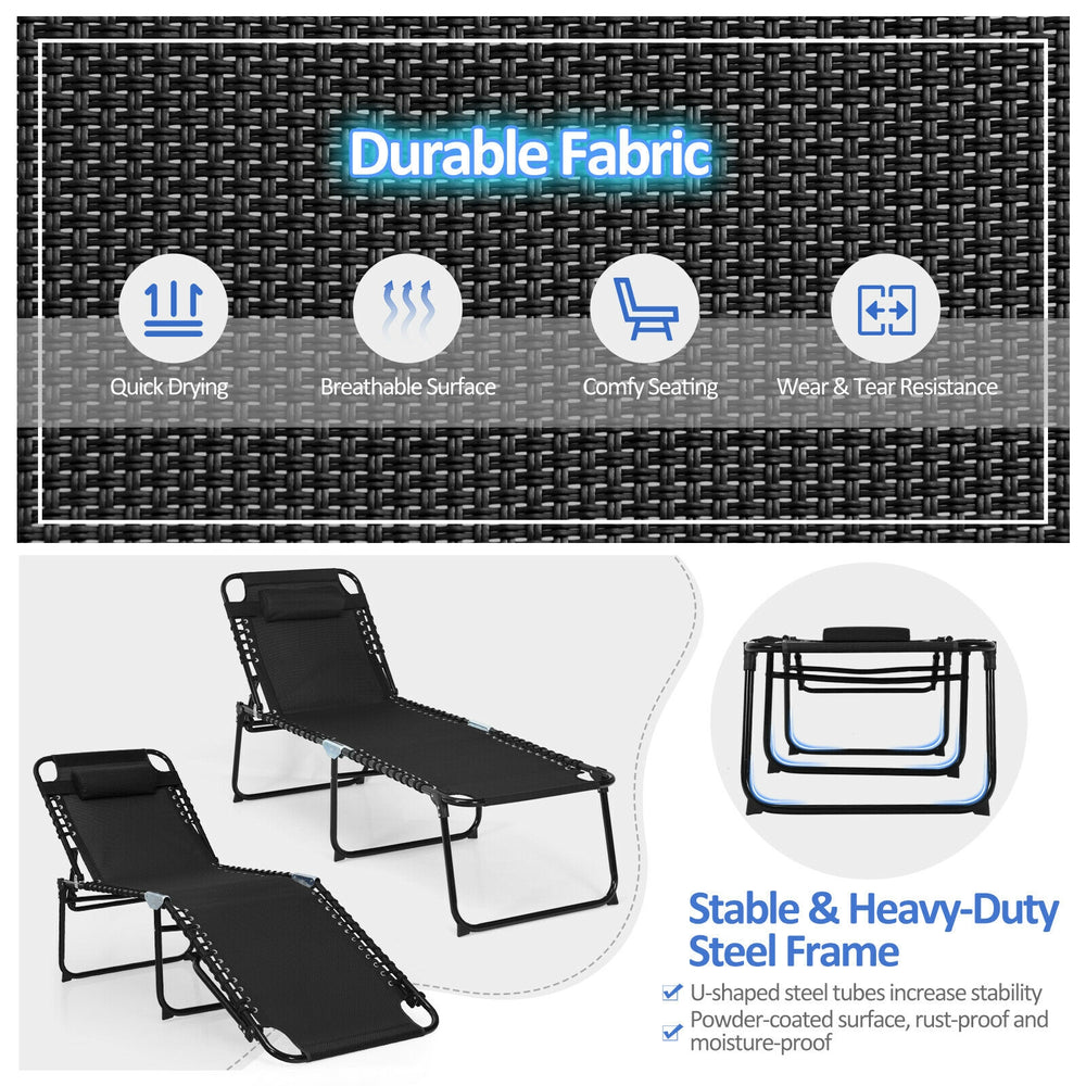 Foldable lounge chair in black with adjustable backrest and footrest, made of breathable fabric and sturdy steel frame.