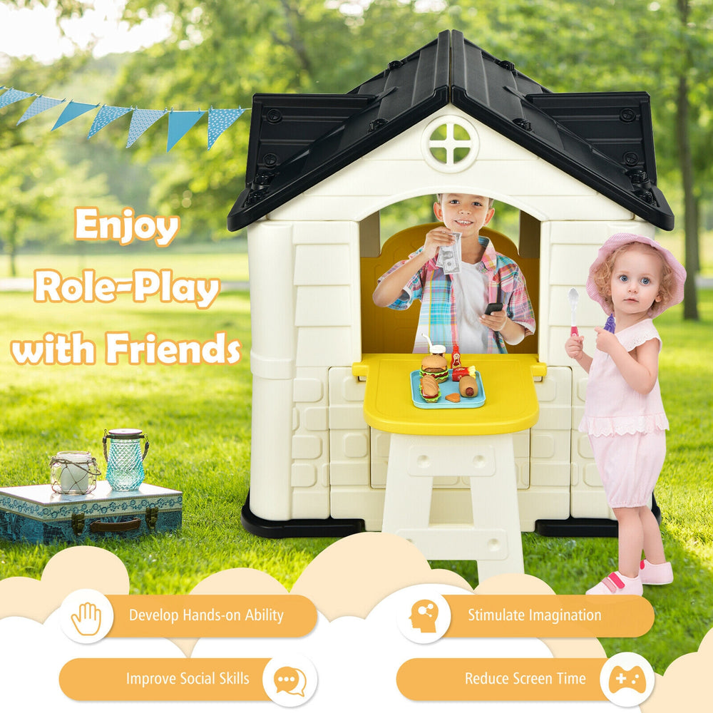 Kid’s playhouse toy set in yellow with open doors, windows, and 7 pieces for imaginative role-play indoors or outdoors.