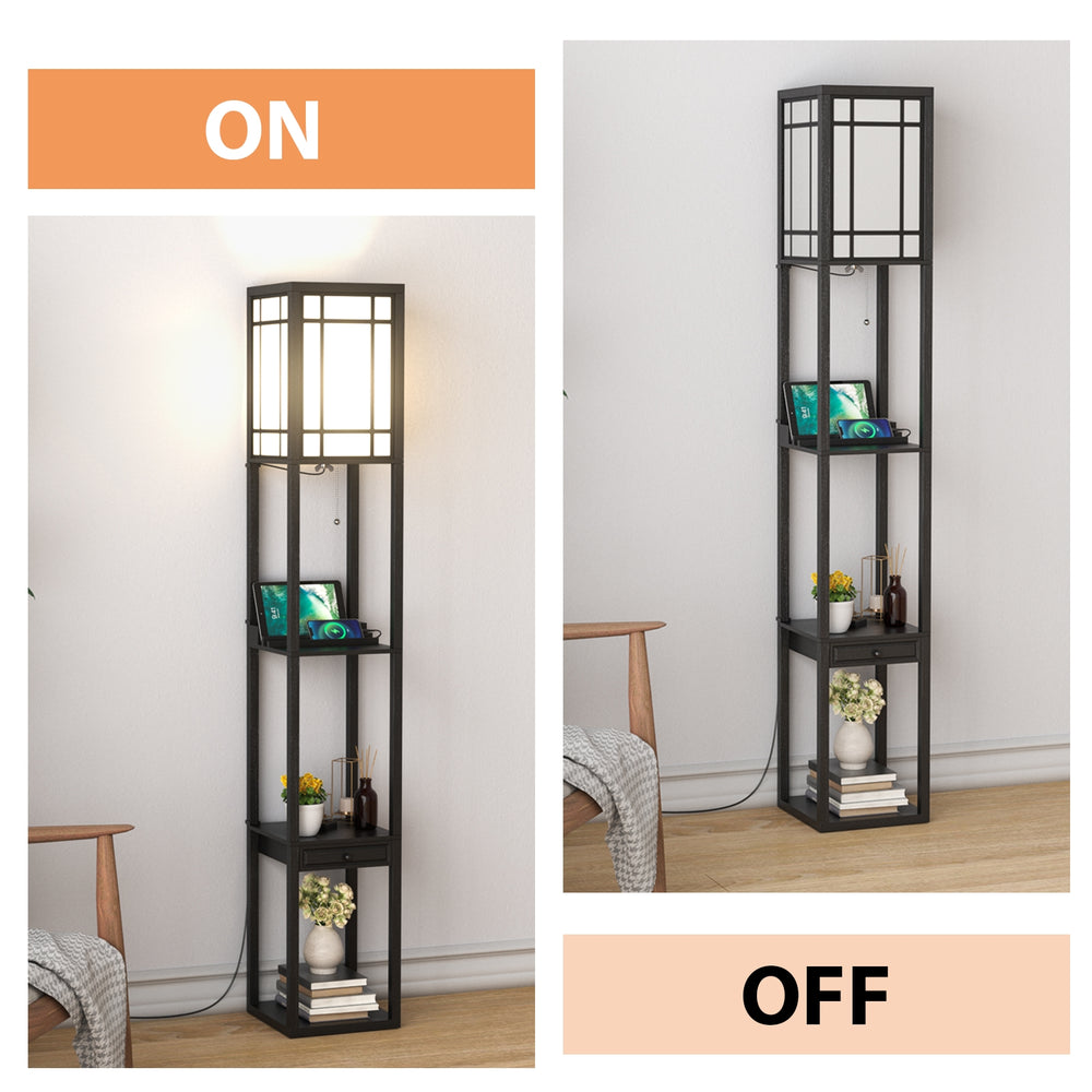 Modern floor lamp with shelves and drawer, featuring a white lampshade and USB ports for convenient charging.