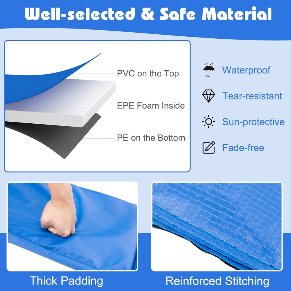 Blue trampoline safety pad with waterproof surface, thick EPE foam, and reinforced stitching for edge-to-edge.