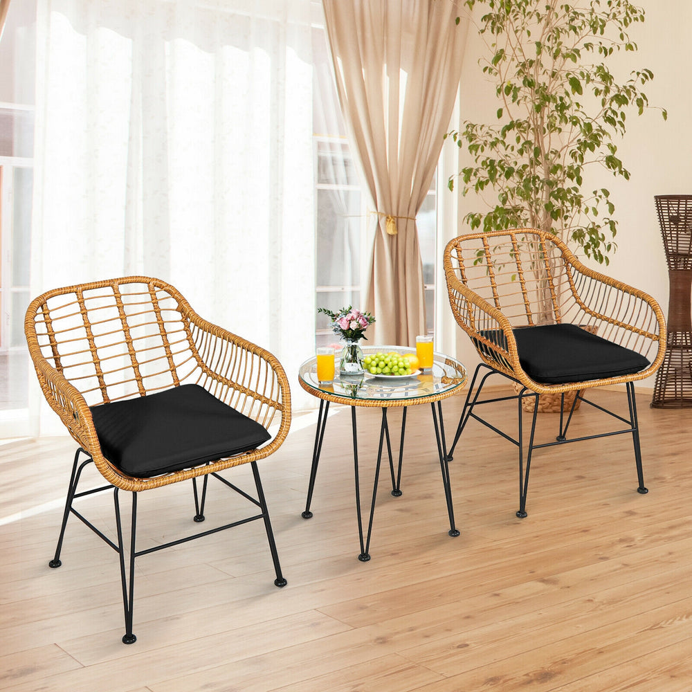 3 Pieces Rattan Furniture Set with Cushioned Chair Table-Black - Gallery View 1 of 12