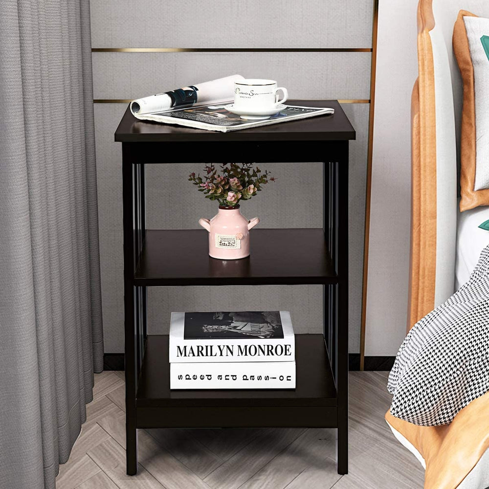 Dark brown 3-tier nightstand with open compartments, perfect for storage in living room or bedroom.