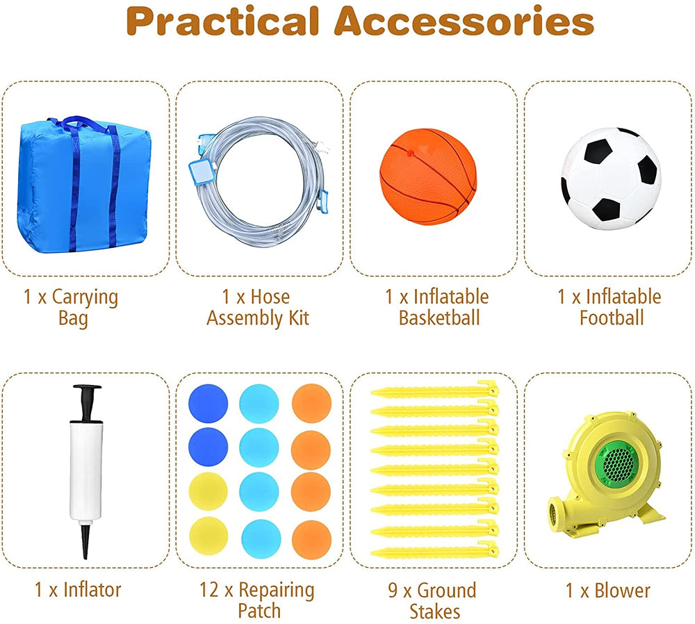 Inflatable water slide accessories including a blower, inflator, repair patches, and stakes for easy setup and fun.