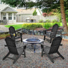 Black outdoor Adirondack chairs with built-in cup holders arranged around a fire pit in a backyard setting.