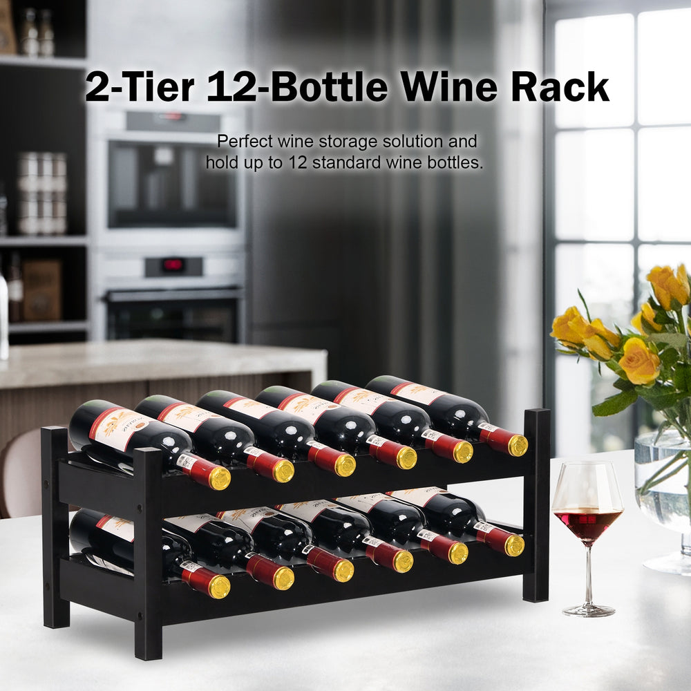2-Tier 12 Bottles Bamboo Storage Shelf  Wine Rack-Brown - Gallery View 1 of 11