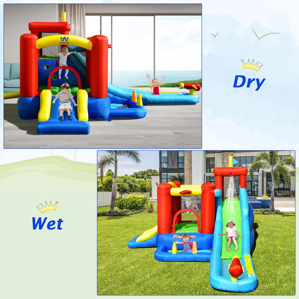 Inflatable kids water slide bounce house with splash pool, climbing wall, and slide for outdoor summer fun.