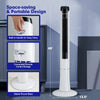 Portable 48-inch tower fan in white with remote control, featuring a space-saving design and built-in handle for easy.