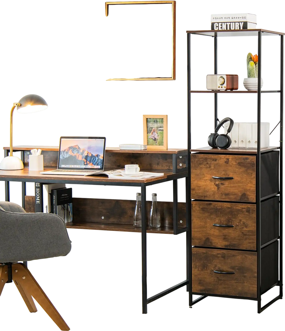 Freestanding vertical 3 drawer dresser in rustic brown with 3 shelves, perfect for stylish storage in any room.