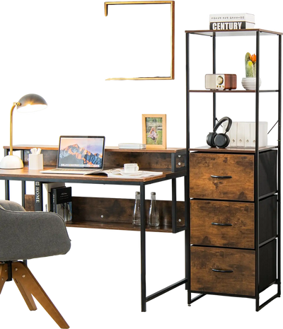 Costway Freestanding Vertical 3-Drawer Dresser Bookshelf 3-Shelf Rustic Brown 63147820 New