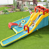 Inflatable dual slide water park with climbing wall, pool, and basketball hoop for outdoor fun and safety.