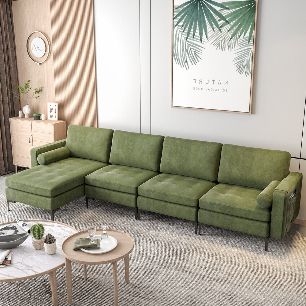 Modular L-shaped 4-Seat Sectional Sofa with Reversible Chaise and 2 USB Socket-Army Green - Gallery View 1 of 10