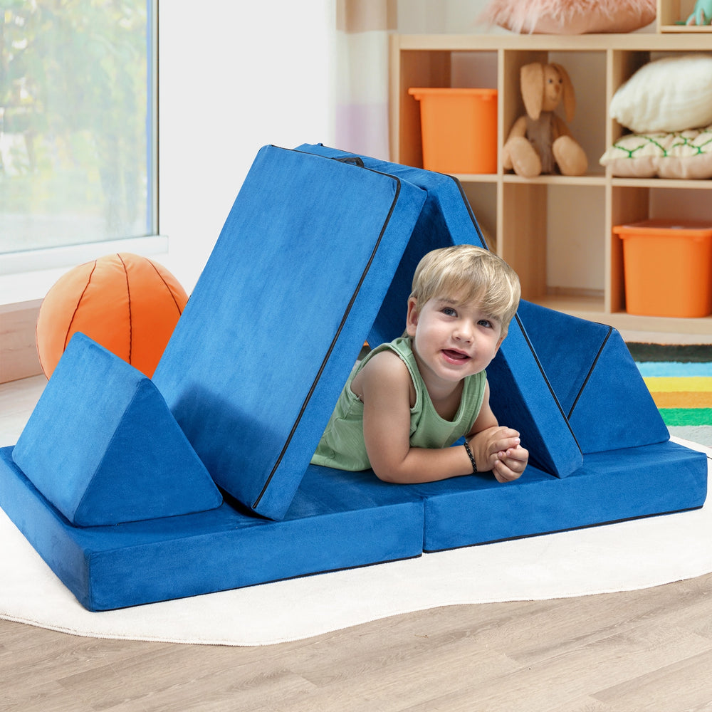 Convertible blue kids couch set with 2 folding mats and pillows, perfect for imaginative play and relaxation.