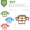 Round wooden picnic table with umbrella hole, featuring three built-in benches, suitable for outdoor patio use.